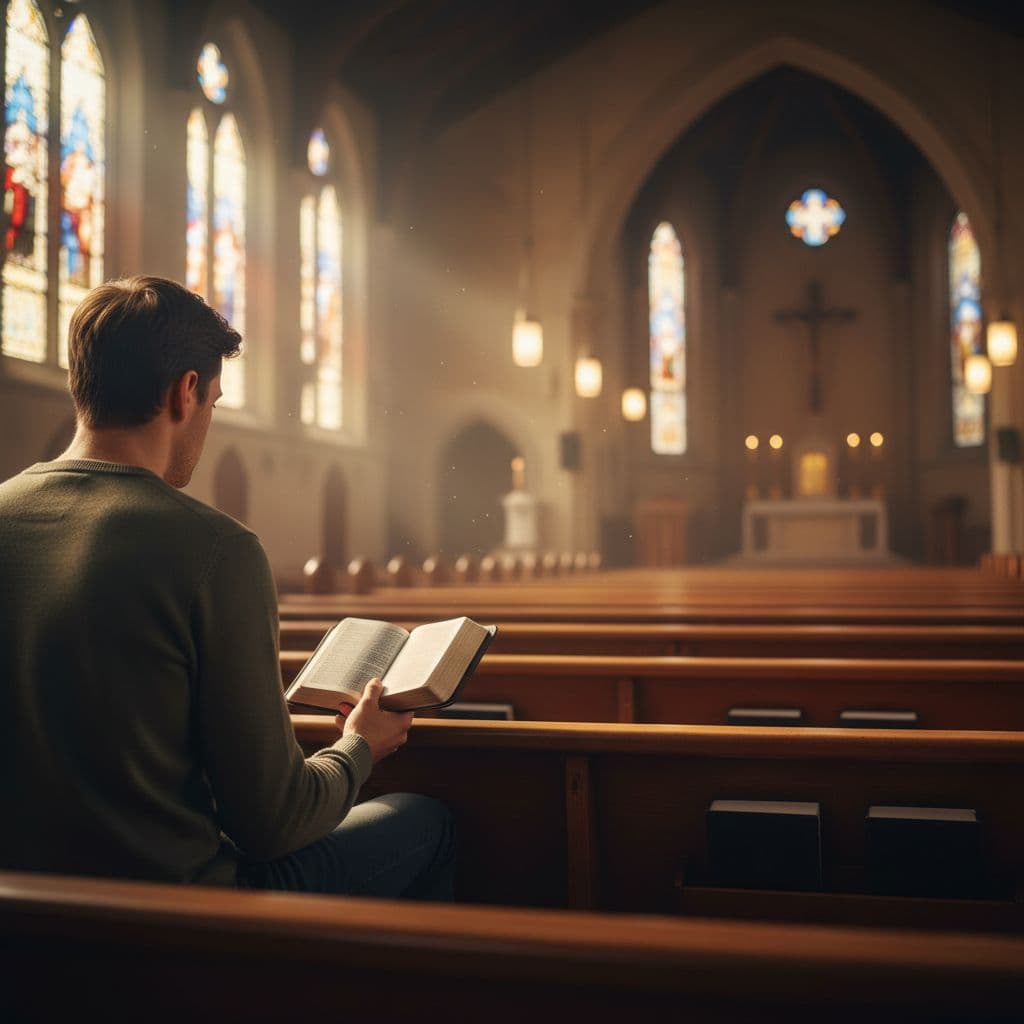 A lone person sits on a wooden pew within a sunlit sanctuary, holding an open Bible. Warm morning light streams through stained glass, creating a serene and contemplative atmosphere of guidance.