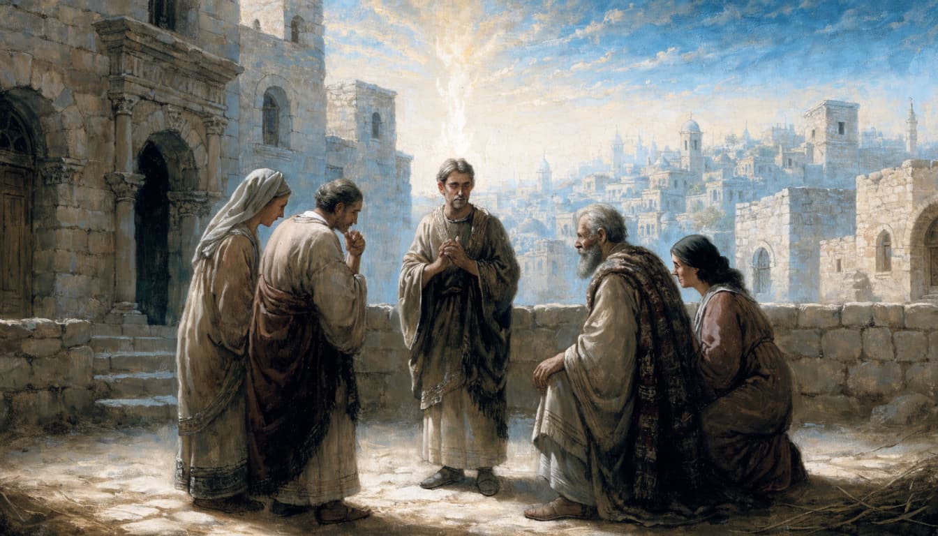 A biblical-era gathering of six people in a Jerusalem courtyard with stone architecture.