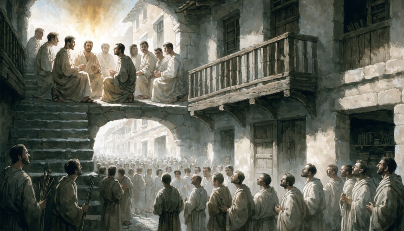 A biblical illustration of disciples gathered in an upper room above a crowd in a Jerusalem street.