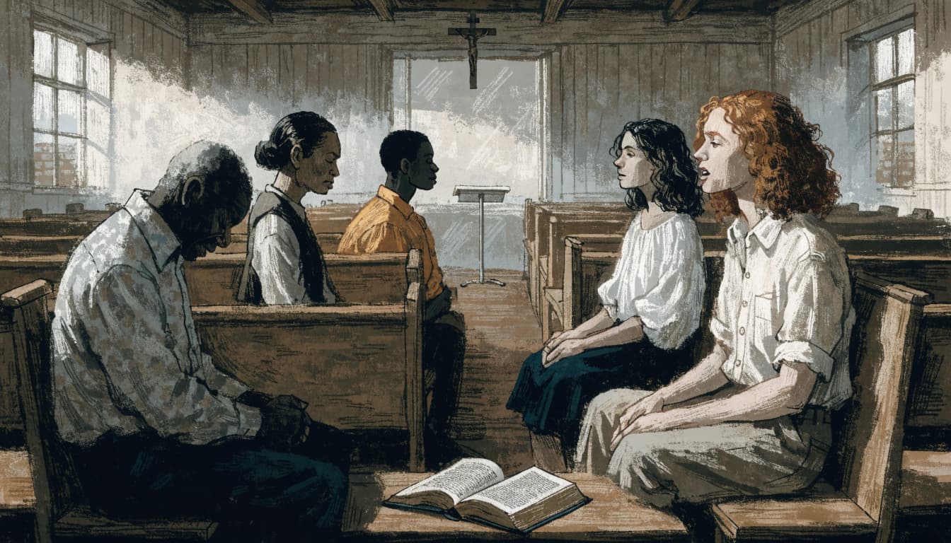 An illustration of five people gathered in a wooden church sanctuary with an open Bible on a pew.