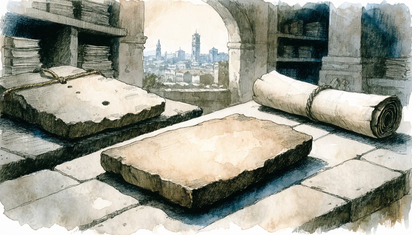 Watercolor illustration of ancient clay tablets and a scroll on a stone table in an archive.