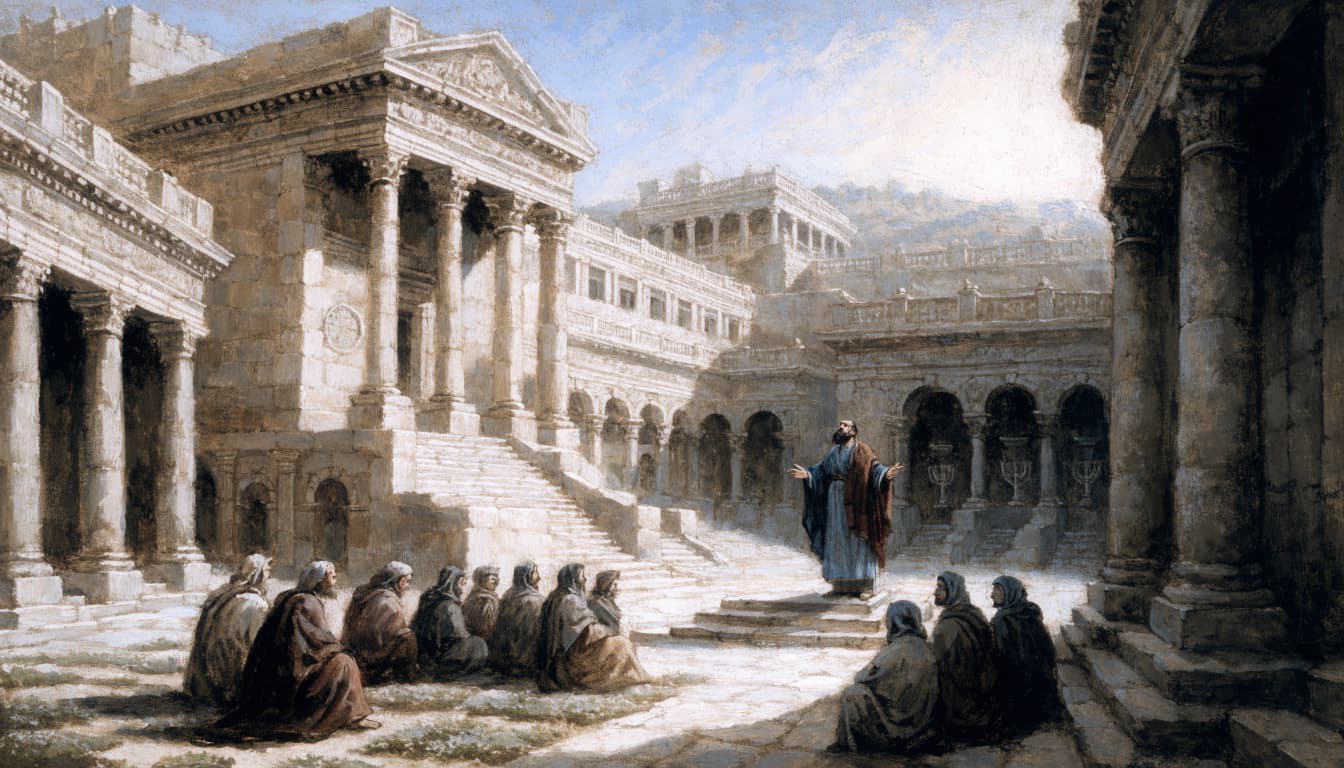 A robed figure preaches to a small seated crowd in a sunlit ancient stone courtyard.