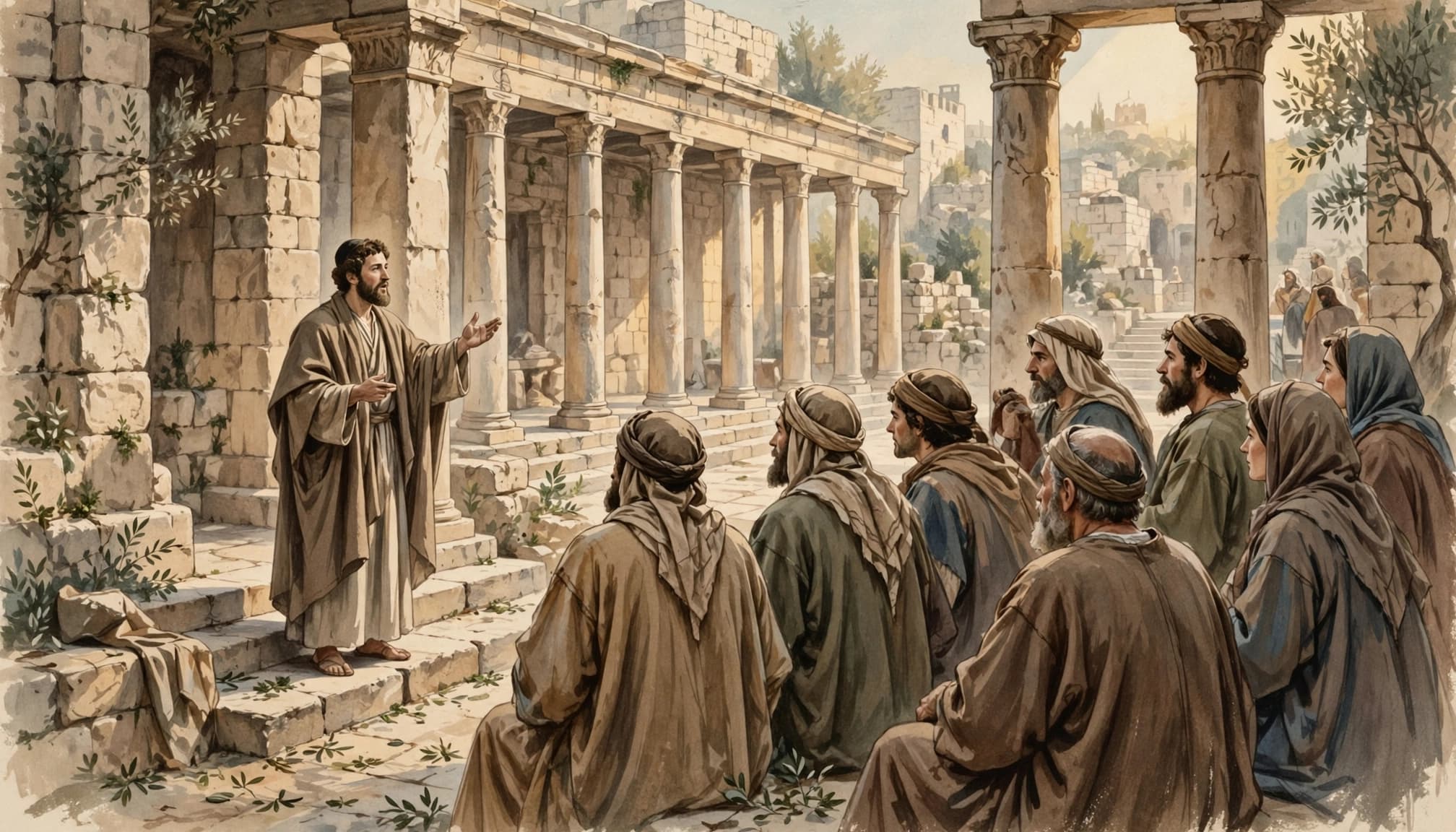 An illustrated biblical scene of an ancient teacher addressing a listening crowd in a stone courtyard.