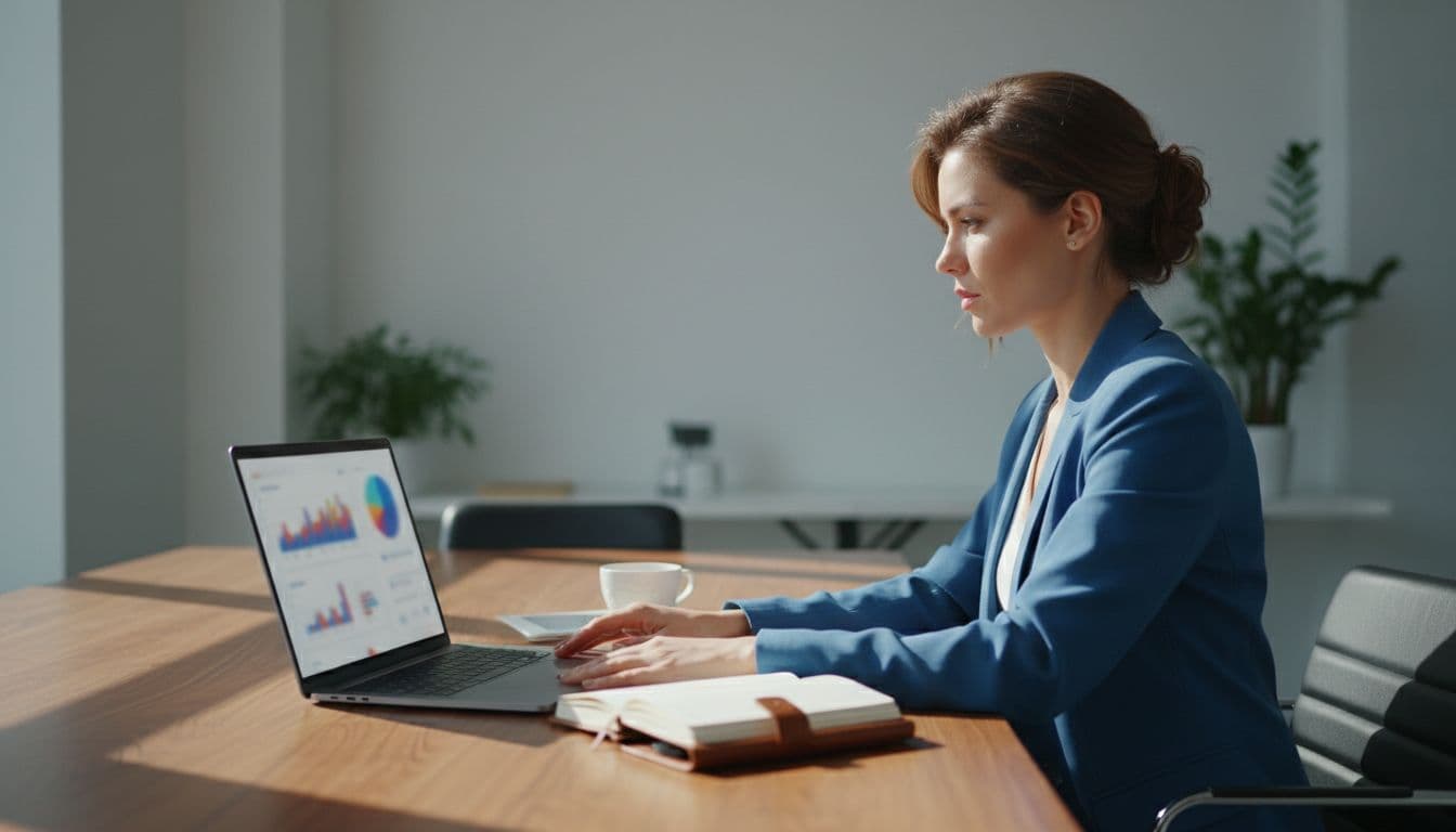A solo professional marketer in a bright modern office reviews a blurred analytics dashboard on an open laptop at a wooden desk, with a coffee cup and notebook nearby, illuminated by natural window light and dramatic side lighting.