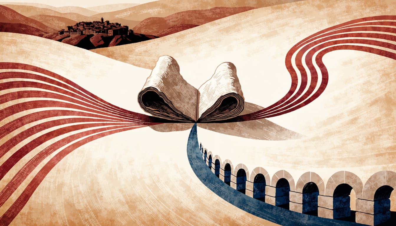 An illustration of an open scroll in a landscape with converging paths and a distant city.