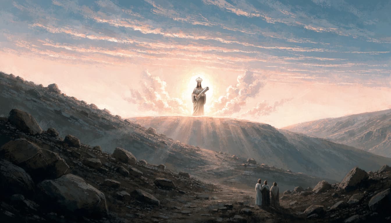 A painterly illustration of a crowned figure on a distant hill at dawn, with three worshippers in the foreground.