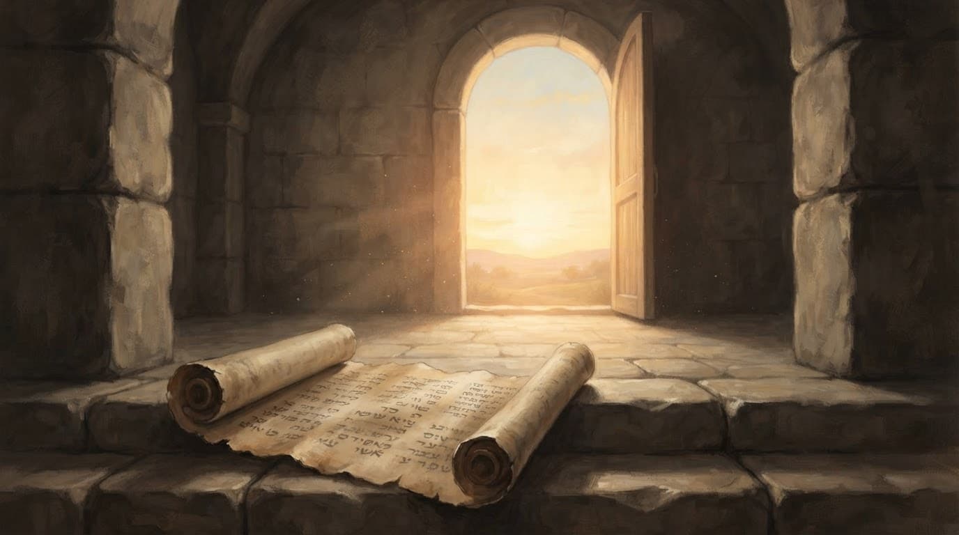 An unrolled parchment scroll lies on stone steps in a quiet chamber with an open doorway glowing at dawn.