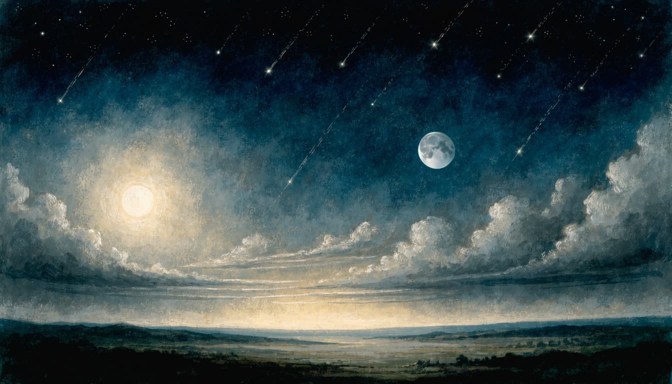 A painterly night sky with a dimmed sun, a pale moon, and shooting stars over a dark landscape.