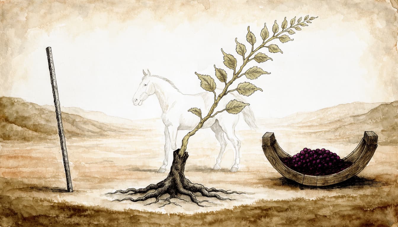 A watercolor illustration of an iron rod, a leafy shoot from a stump, and a winepress filled with red grapes.