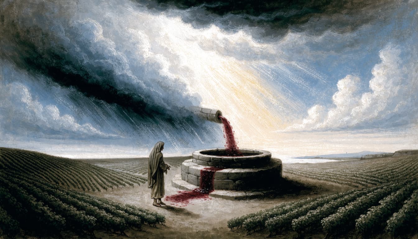 A robed figure stands before a stone basin in a vineyard as red liquid pours into it from the sky.