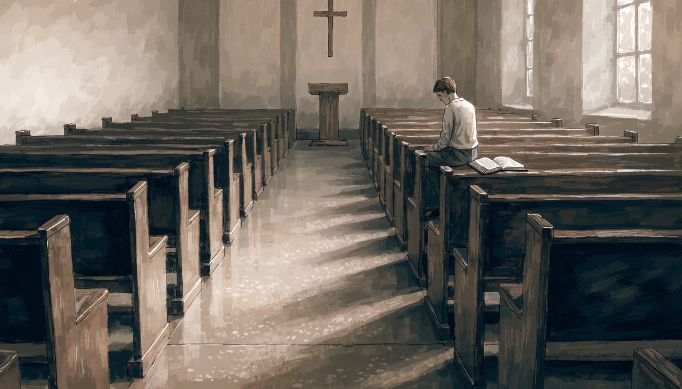 A person sits quietly in a church pew with an open Bible beside them.