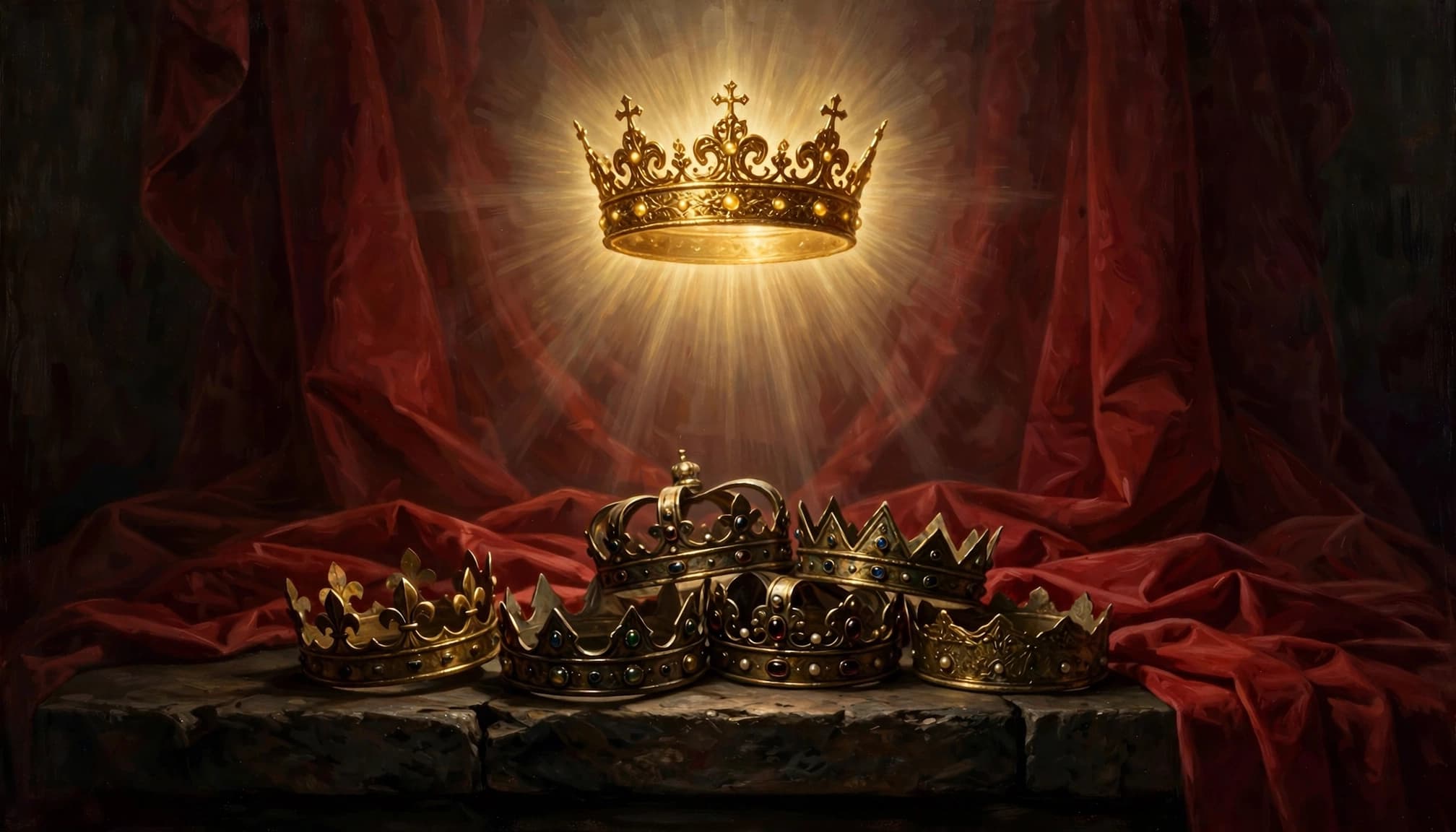 A radiant golden crown floats above several earthly crowns on a stone surface with red drapes behind them.