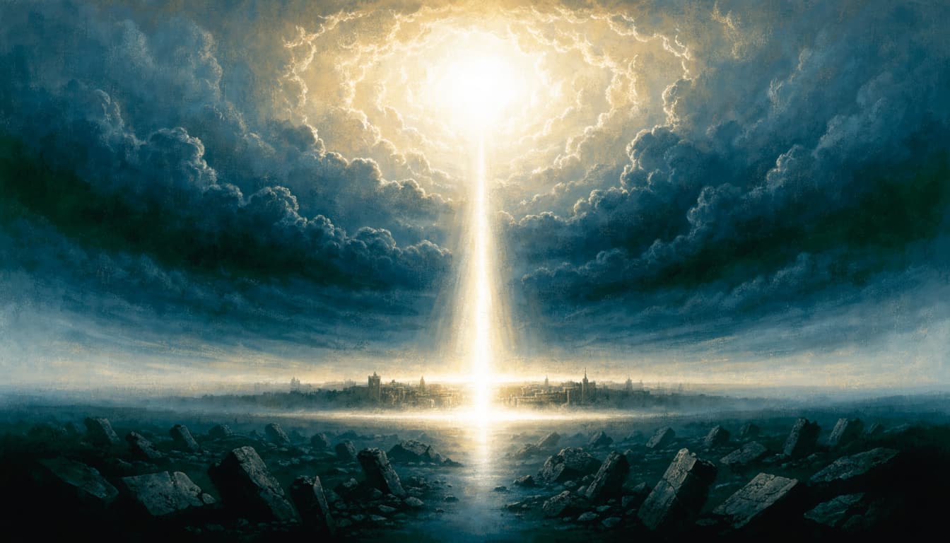 A radiant beam of light descends from an opened sky through dark blue clouds toward an ancient city.