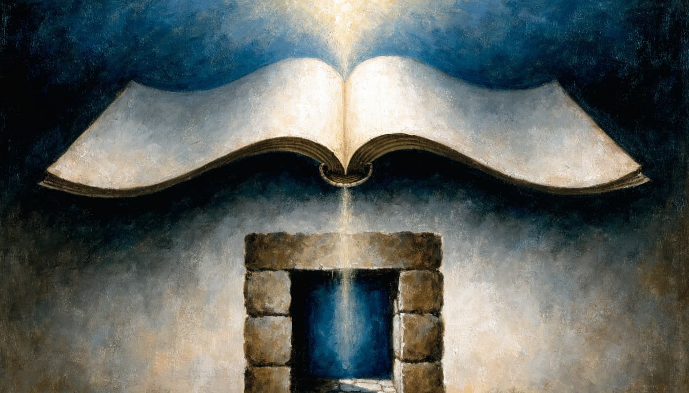 A radiant open book or scroll hovers above a stone doorway with warm light streaming down.