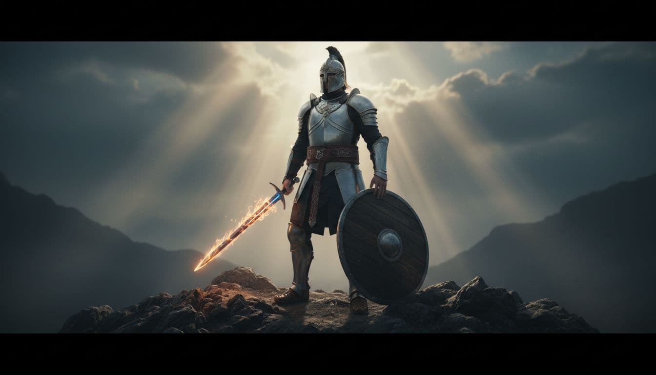 A single resolute believer stands on a rocky hill at twilight, wearing the full armor of God from Ephesians 6, with dramatic heavenly lighting and foggy shadows.