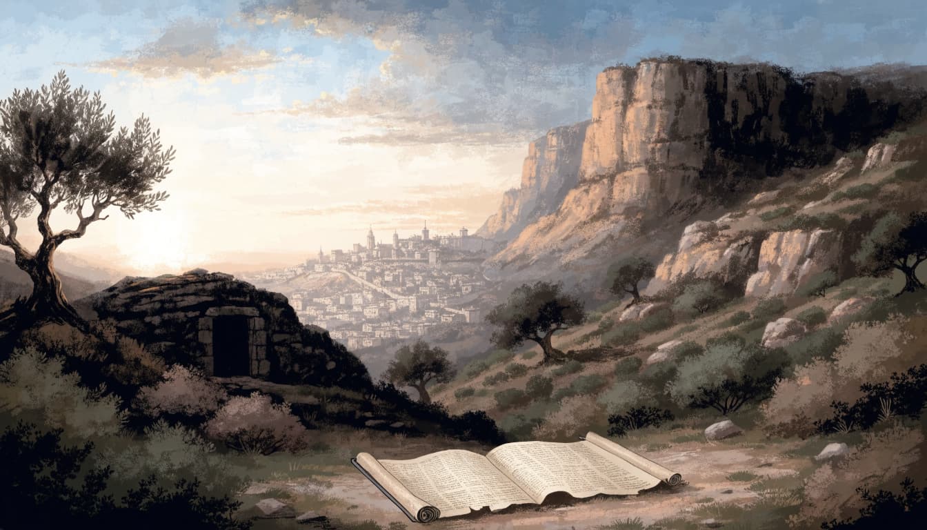 An open scroll on the ground before a rock-cut tomb and distant city at sunrise.
