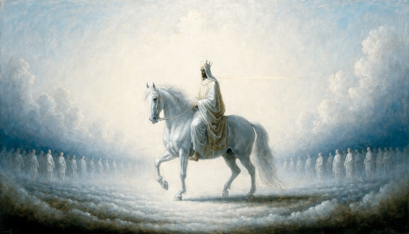 A crowned king on a white horse rides through the clouds, followed by figures in white.