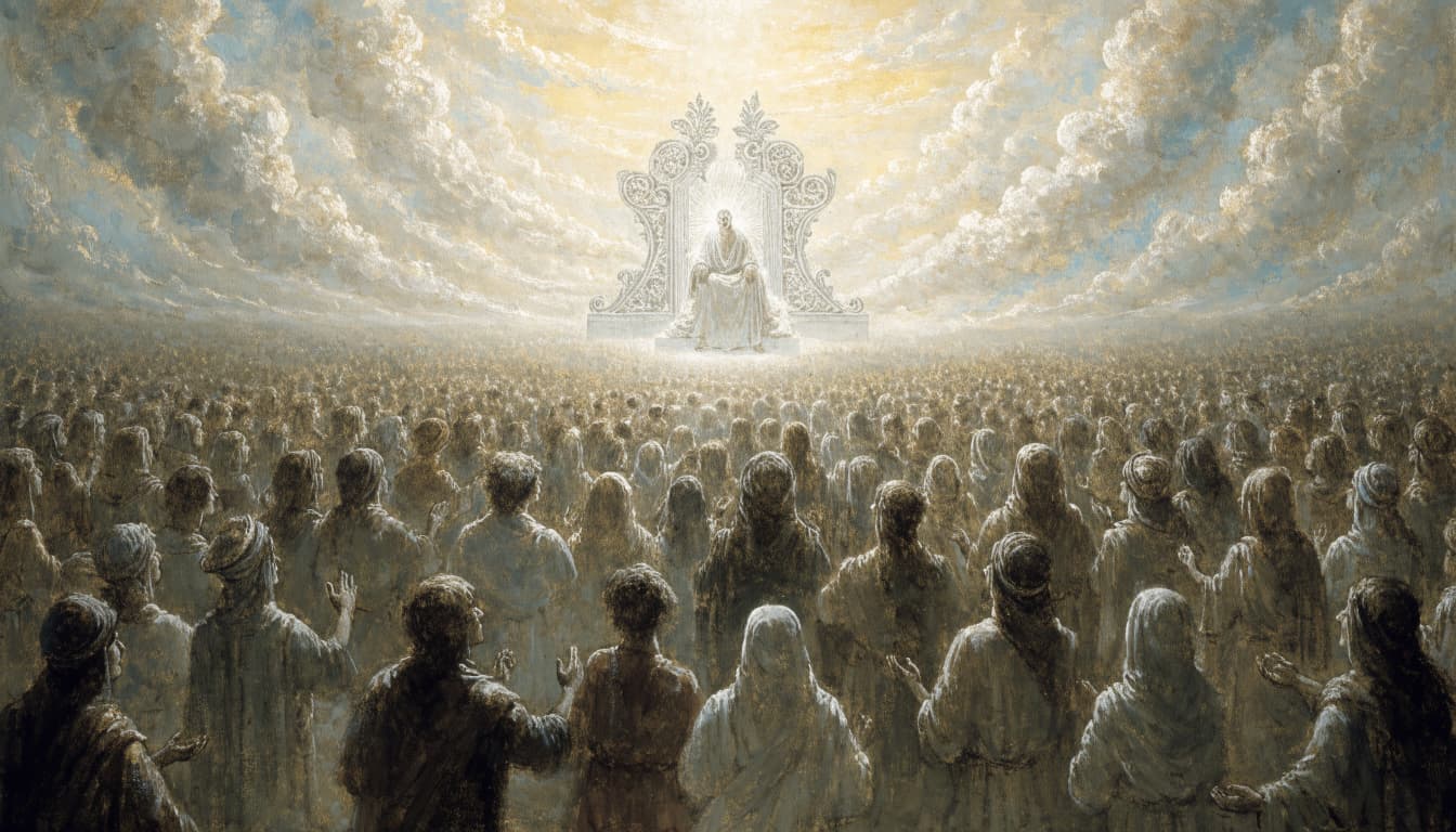 A vast multitude worships before a luminous throne in a heavenly setting.
