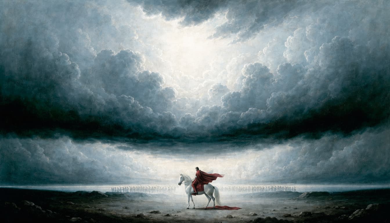 A majestic rider in a red cloak on a white horse under a dramatic, stormy sky with a bright break in the clouds.