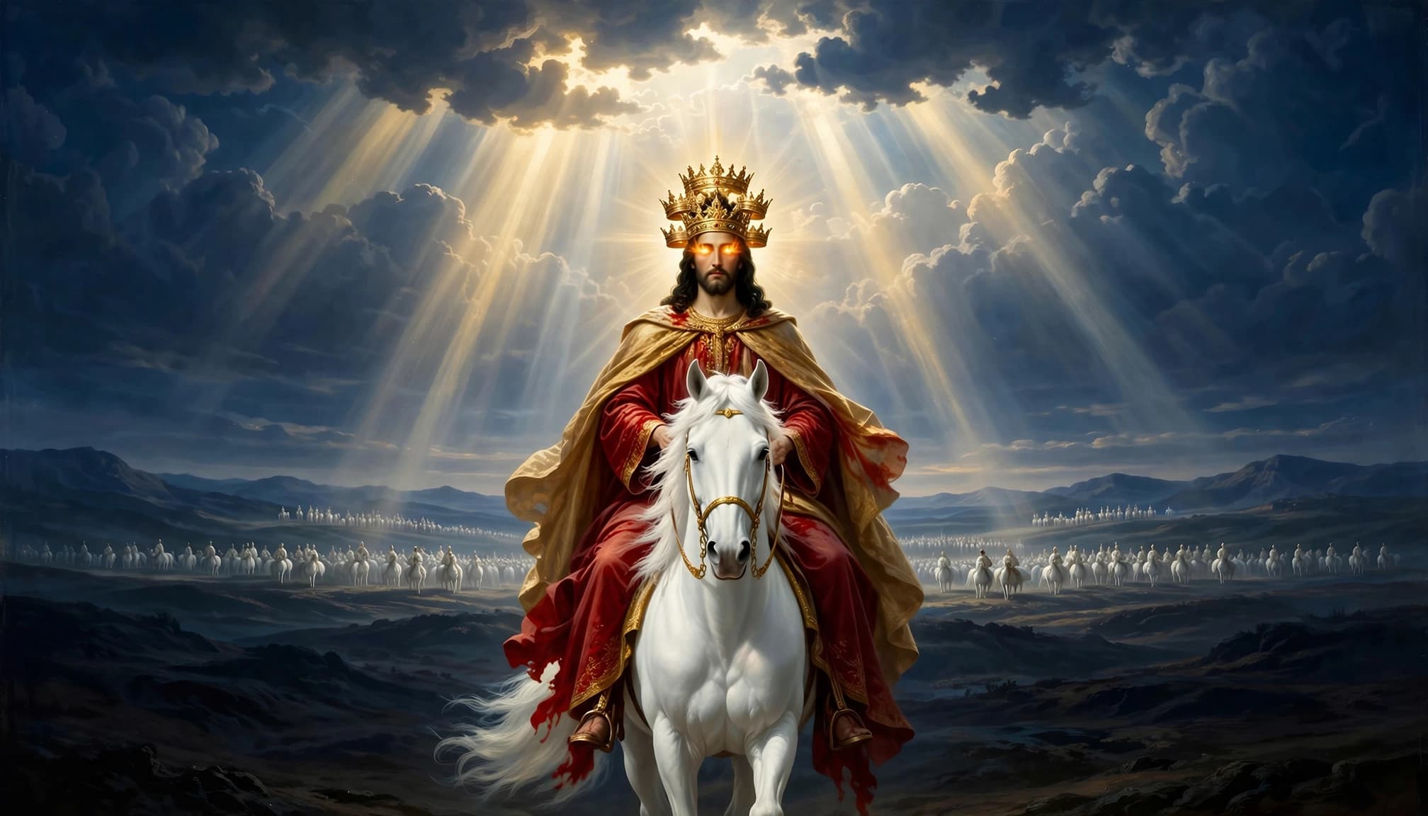 A majestic rider on a white horse with glowing eyes and multiple crowns under a dramatic sky with light rays.