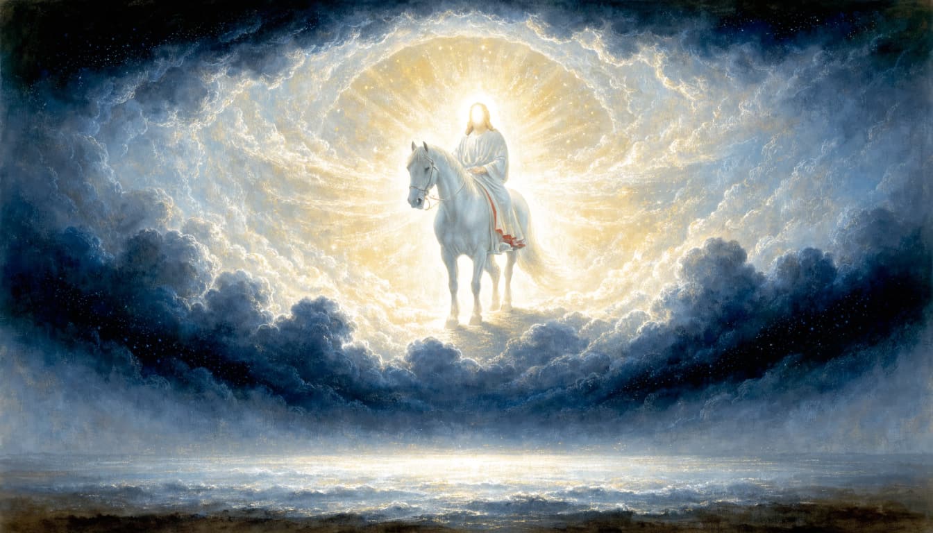 A robed figure rides a white horse amidst luminous clouds and a golden light.
