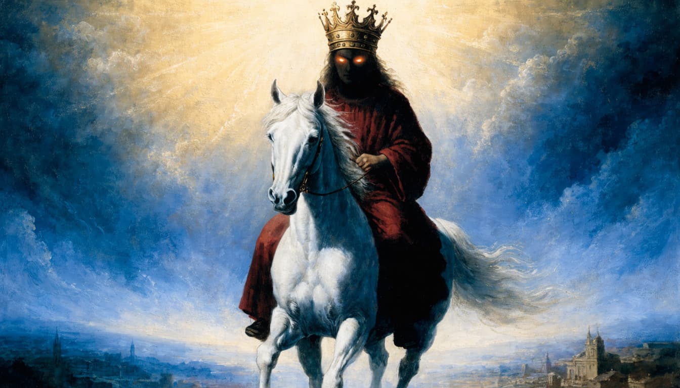 A crowned figure with glowing eyes rides a white horse against a blue and gold sky.