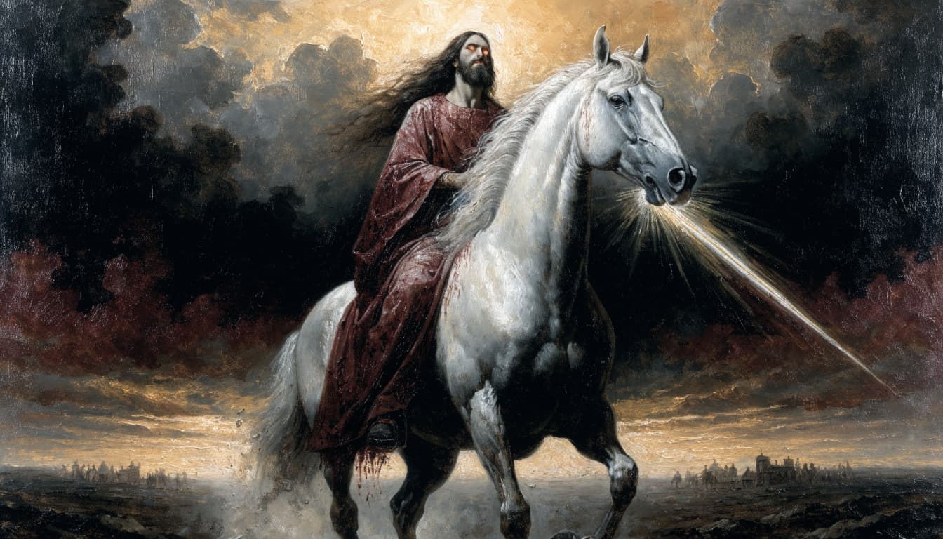 A robed figure with glowing eyes rides a white horse, with a beam of light emerging from its mouth.