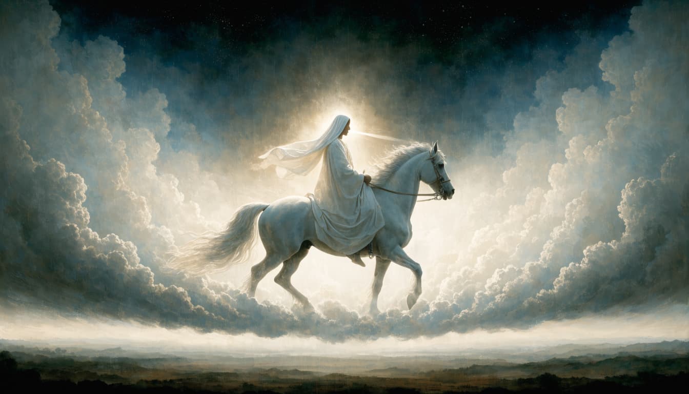 A figure in white robes rides a white horse through luminous clouds, with a beam of light from their mouth.
