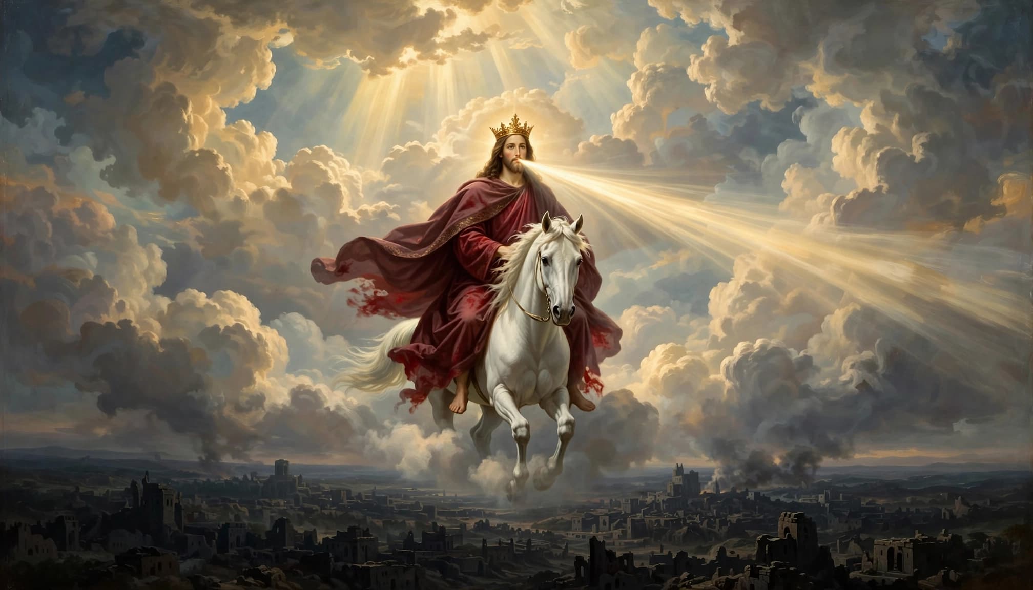 A crowned figure on a white horse emerging from clouds above a city, with a beam of light from his mouth.