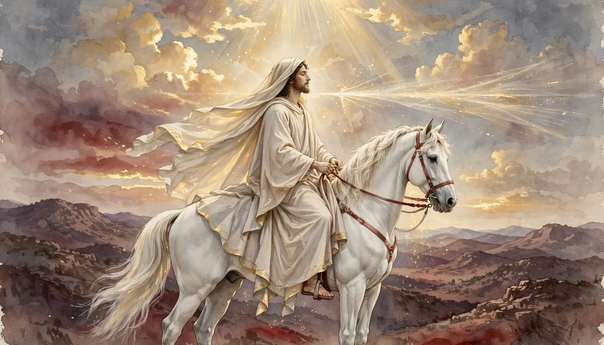 A watercolor illustration of a man in white robes riding a white horse over distant hills.