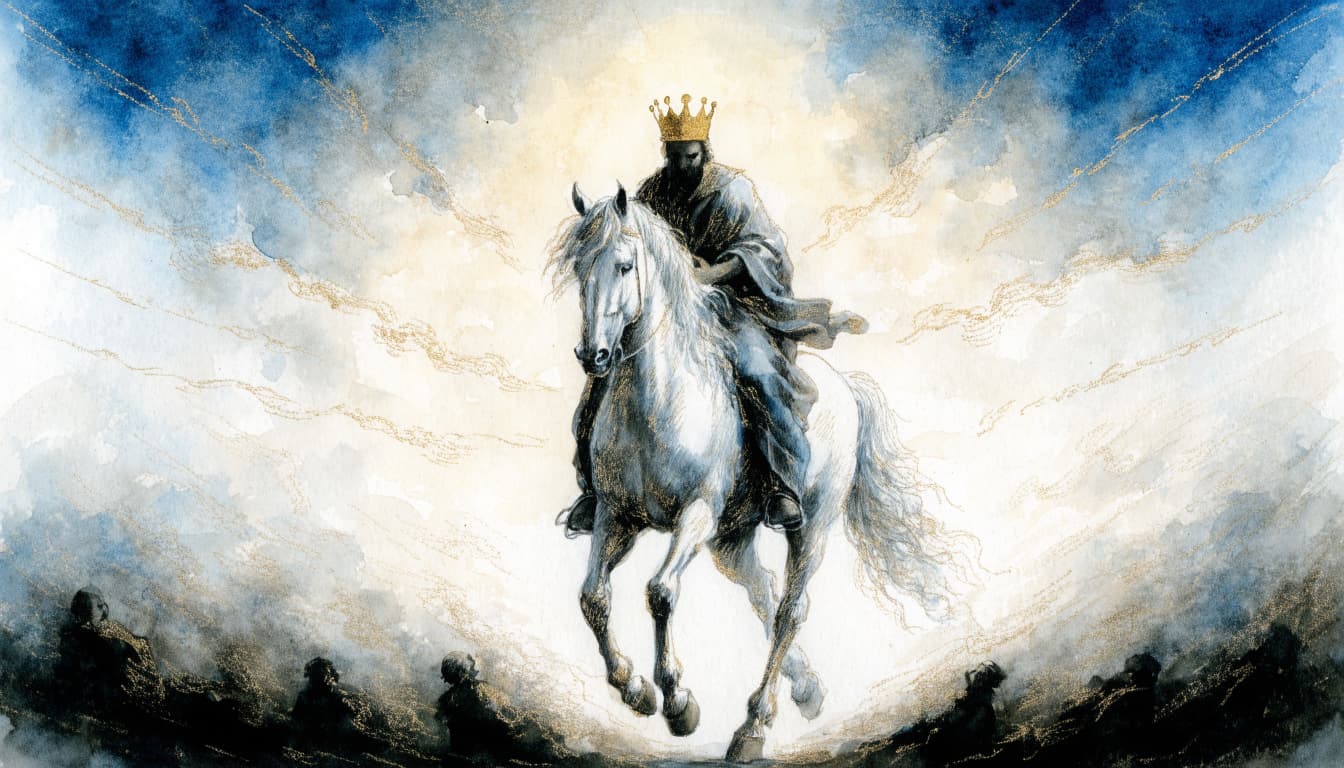 Watercolor illustration of a crowned rider on a white horse against a blue and gold sky.