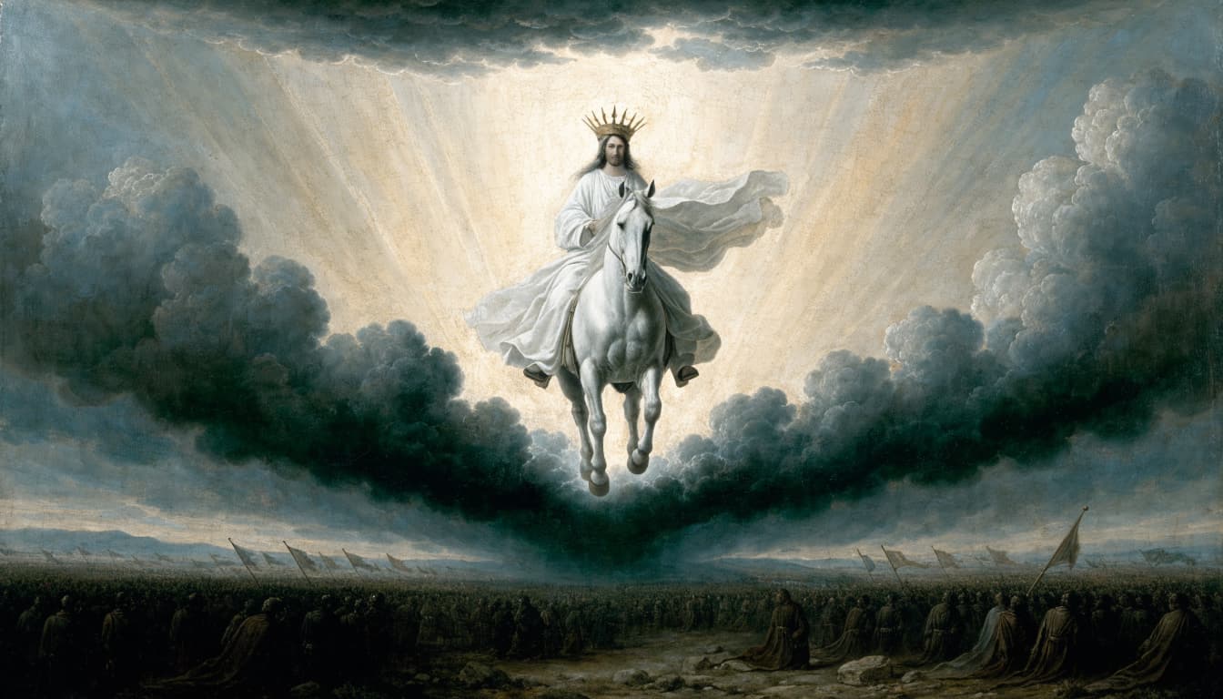 A crowned figure in a white robe rides a white horse above a vast army.