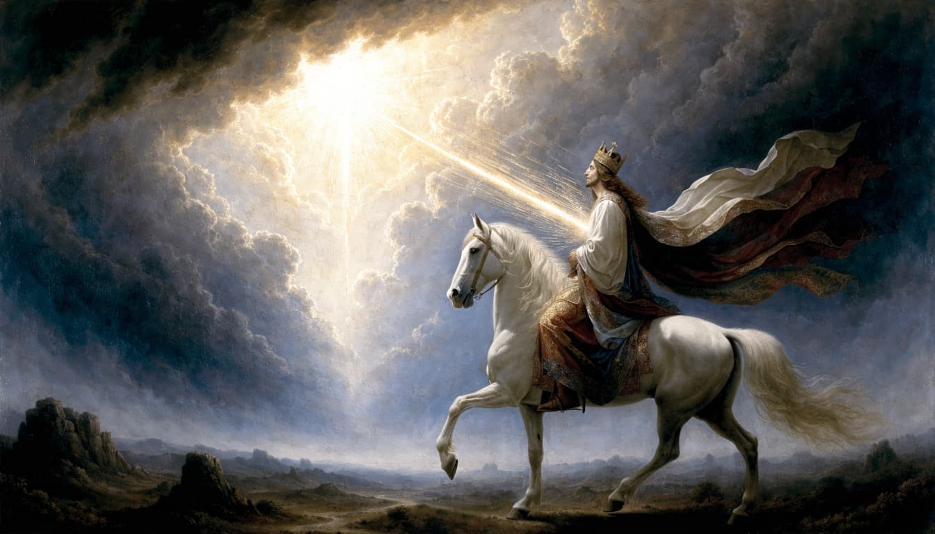 A regal figure in a crown and robes rides a white horse through stormy skies beneath a bright light.