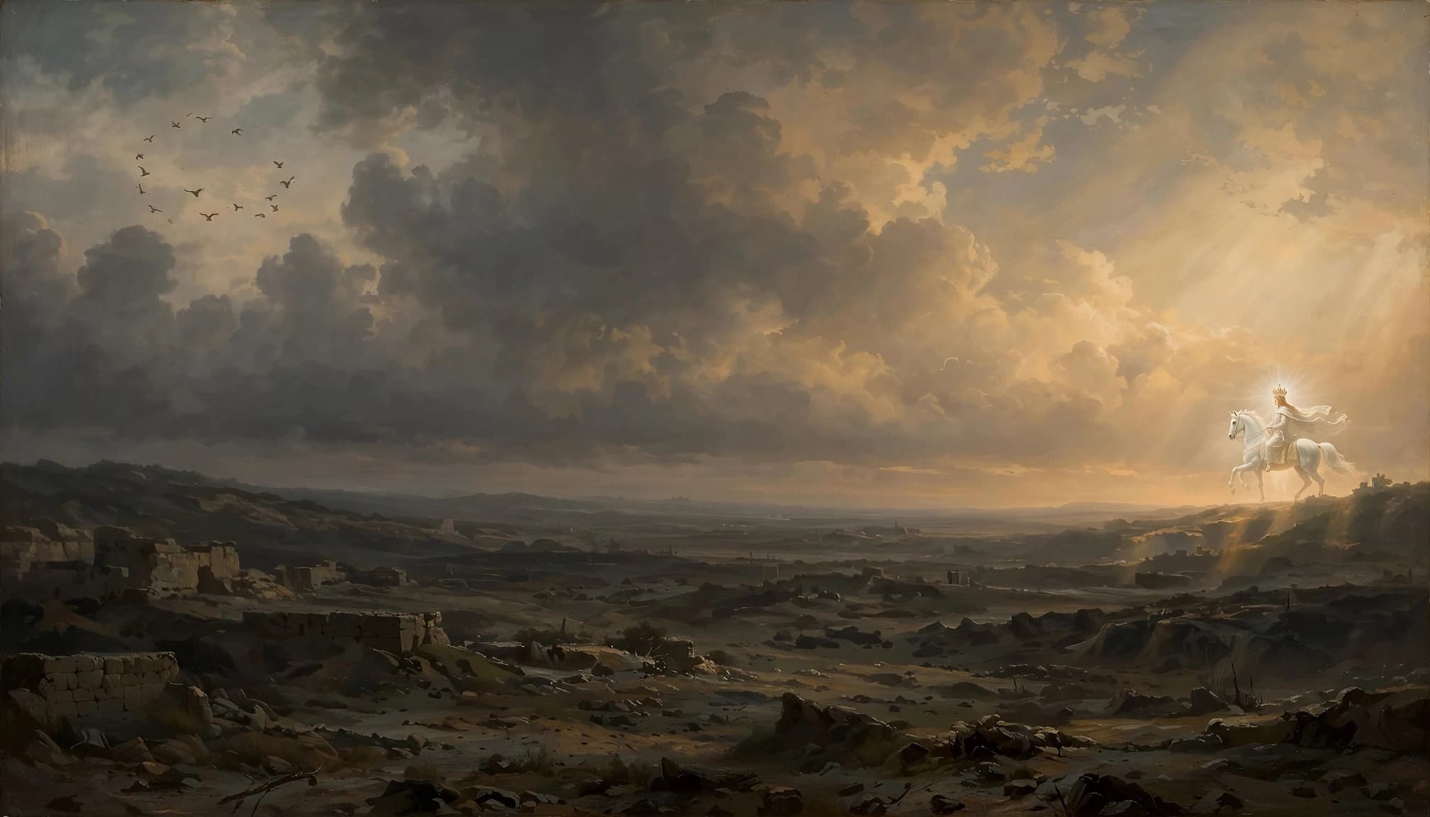 A luminous rider on a white horse under heavenly light above a dark battlefield with circling birds.