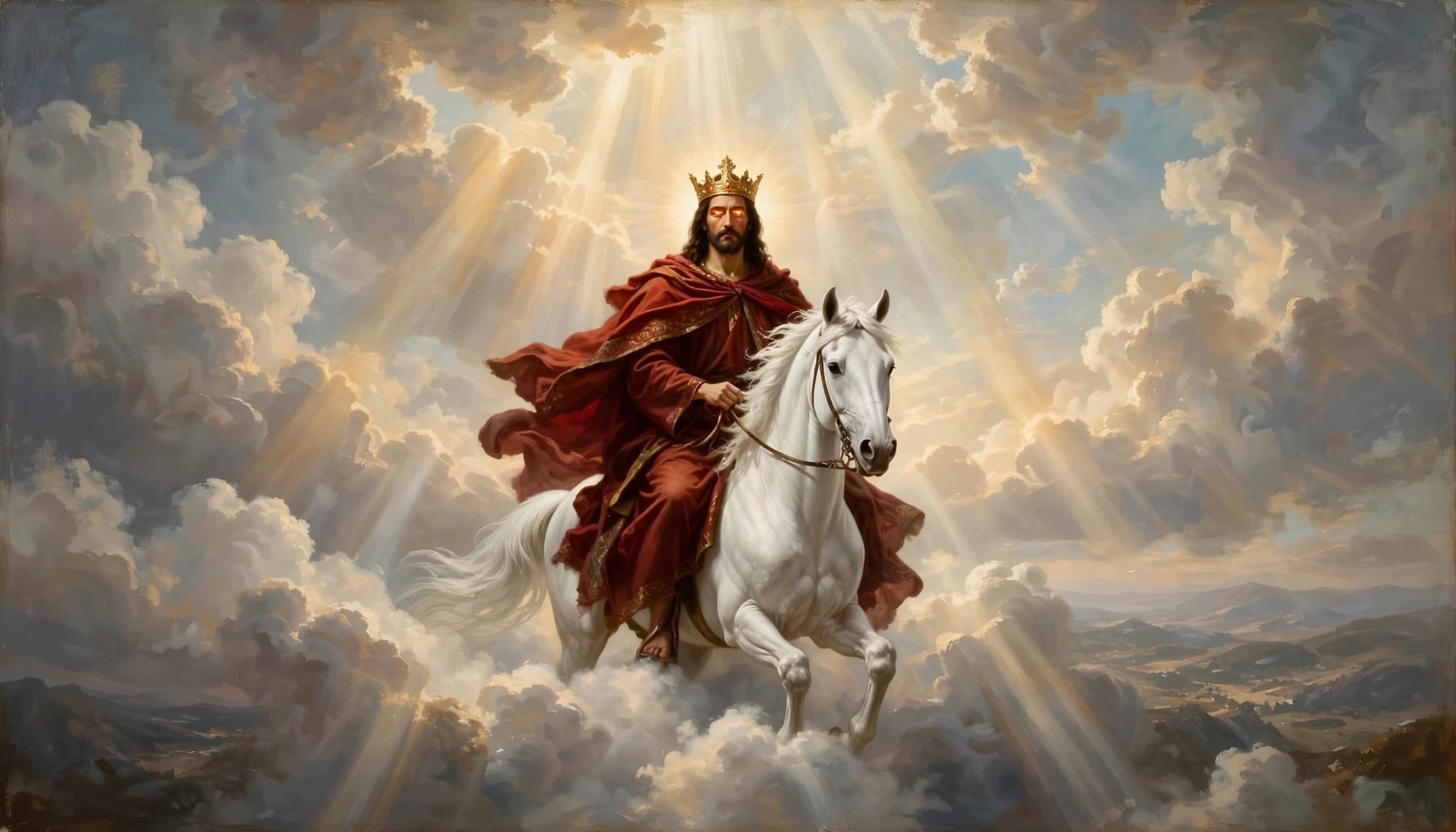 Jesus wearing a crown and red robe rides a white horse through clouds.
