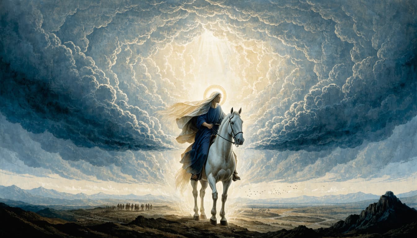 An illustrated figure in blue robes rides a white horse beneath a dramatic opening in the clouds.