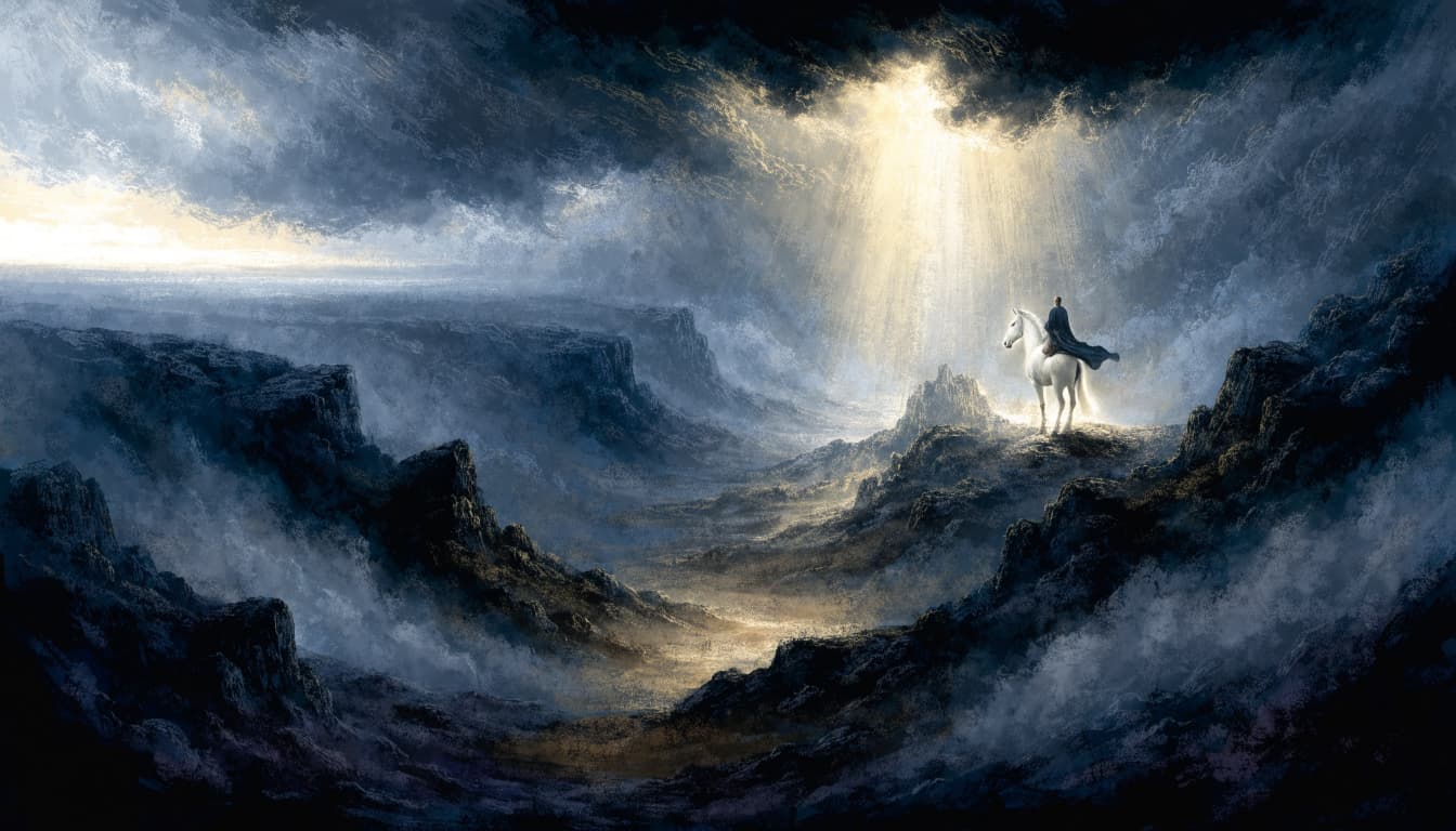 A rider on a white horse on a high ridge under a beam of golden light breaking through dark storm clouds.