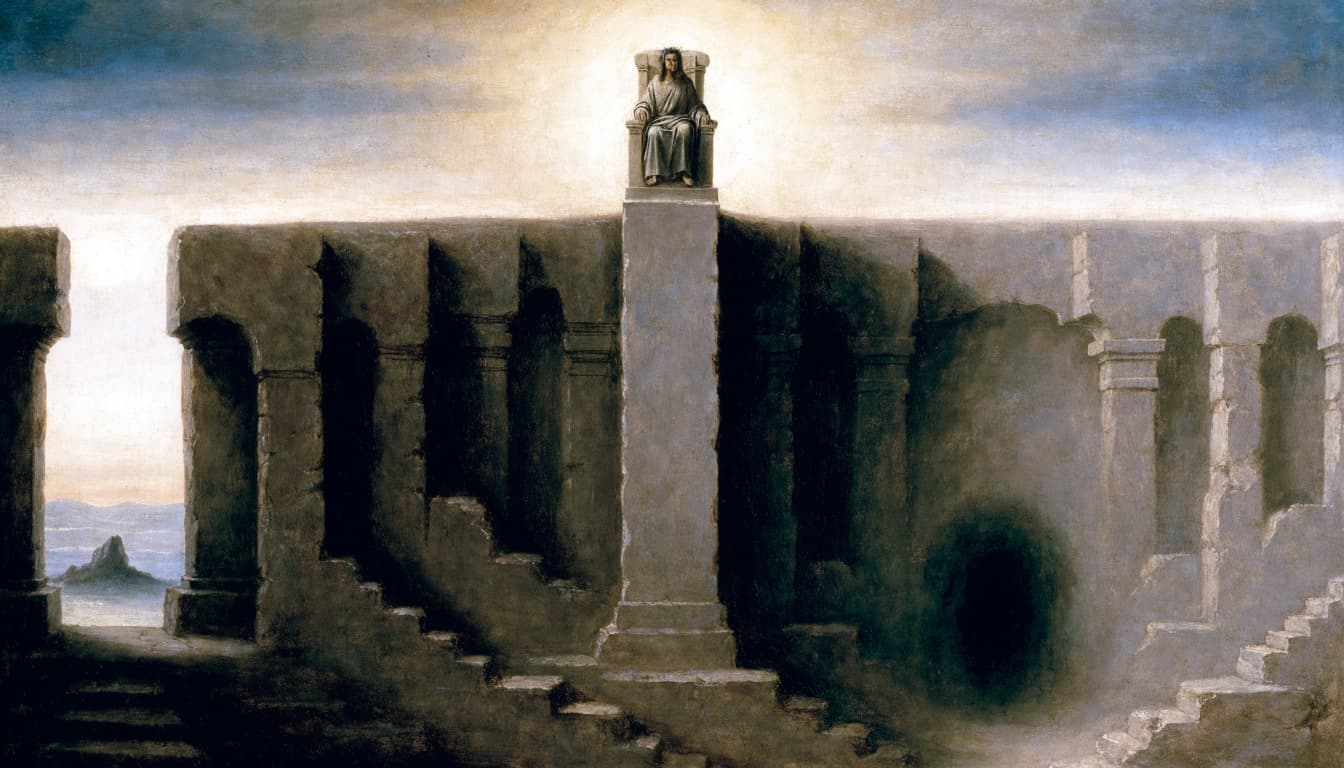 A classical painting of a figure seated on a high throne atop a massive stone structure.