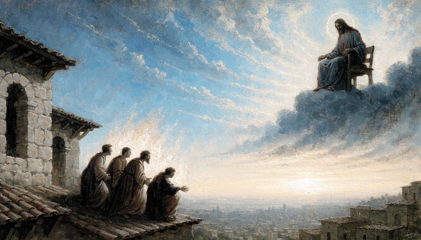 A painterly illustration shows Jesus seated on a throne in clouds above four disciples on a rooftop at sunrise.