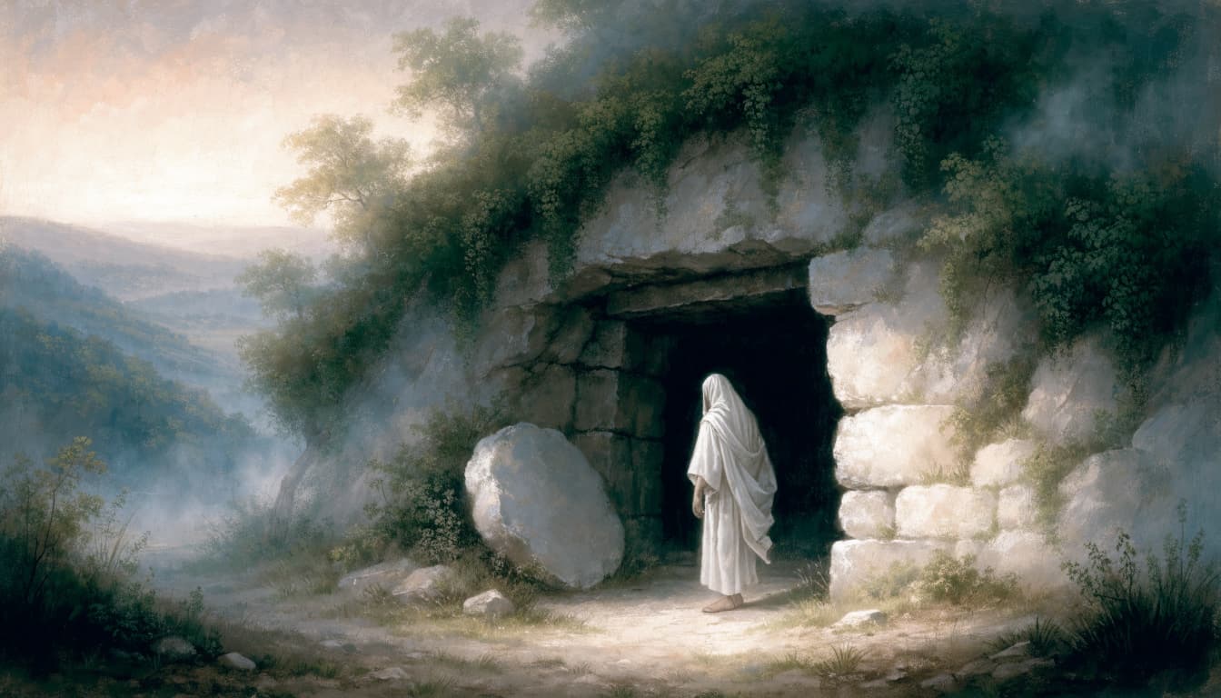 A robed figure stands outside a stone tomb in a misty landscape at dawn.