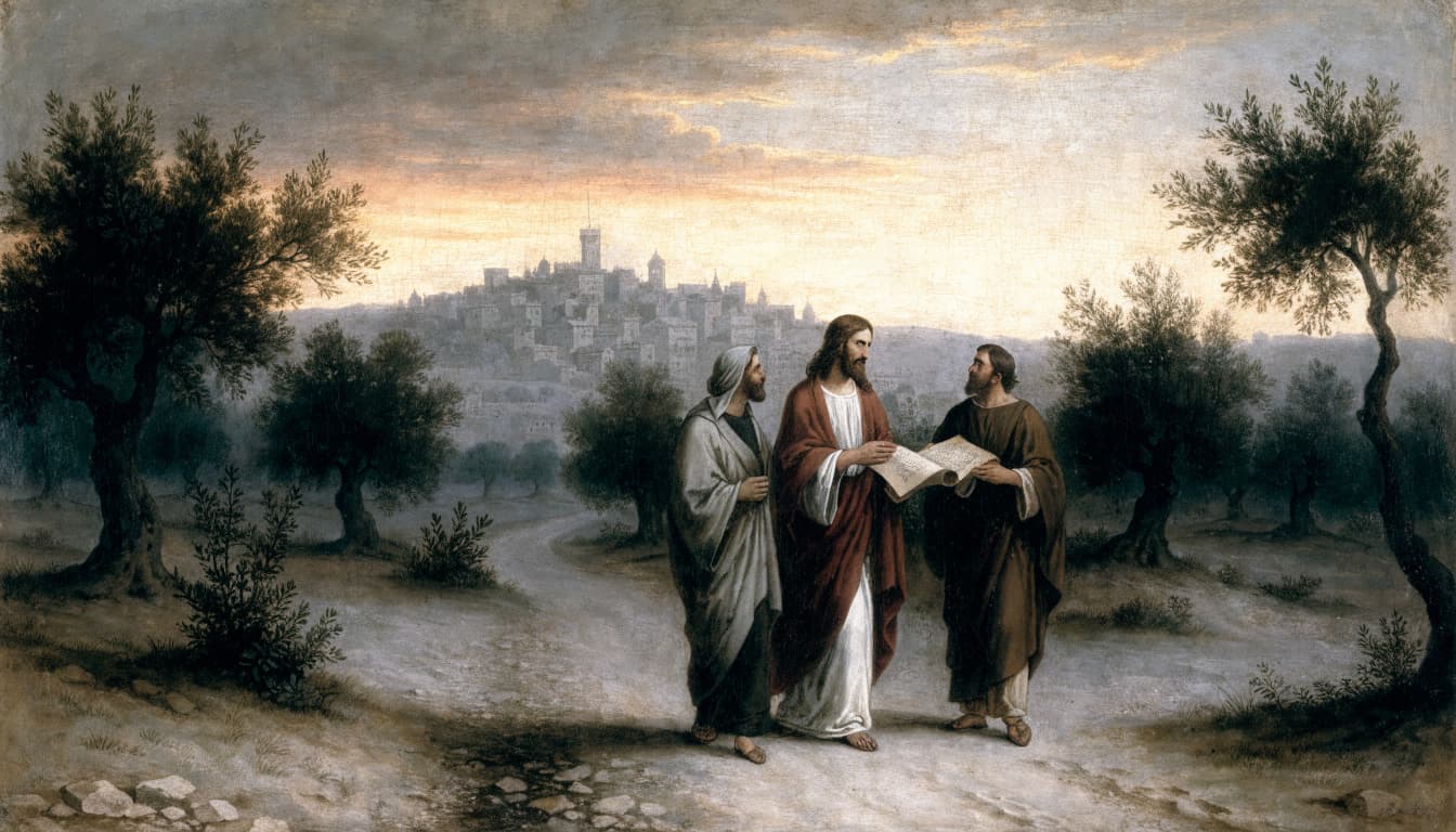 Jesus and two disciples walk along a path near Jerusalem at dusk, looking at an open scroll.