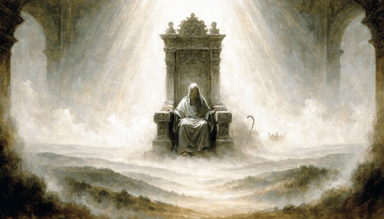 A robed figure with no visible facial features sits on an ornate throne in a luminous ancient hall.