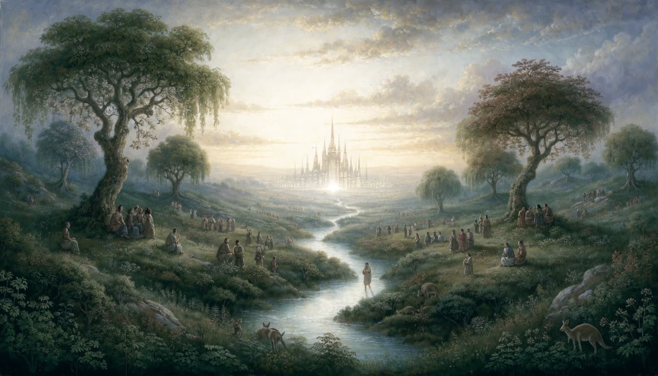 A wide biblical landscape with a river flowing from a radiant city through a lush garden with people.