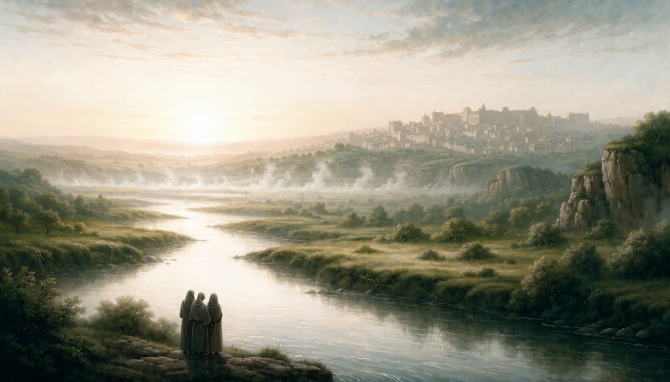Three robed figures stand by a riverbank looking at a sunrise over a distant city.