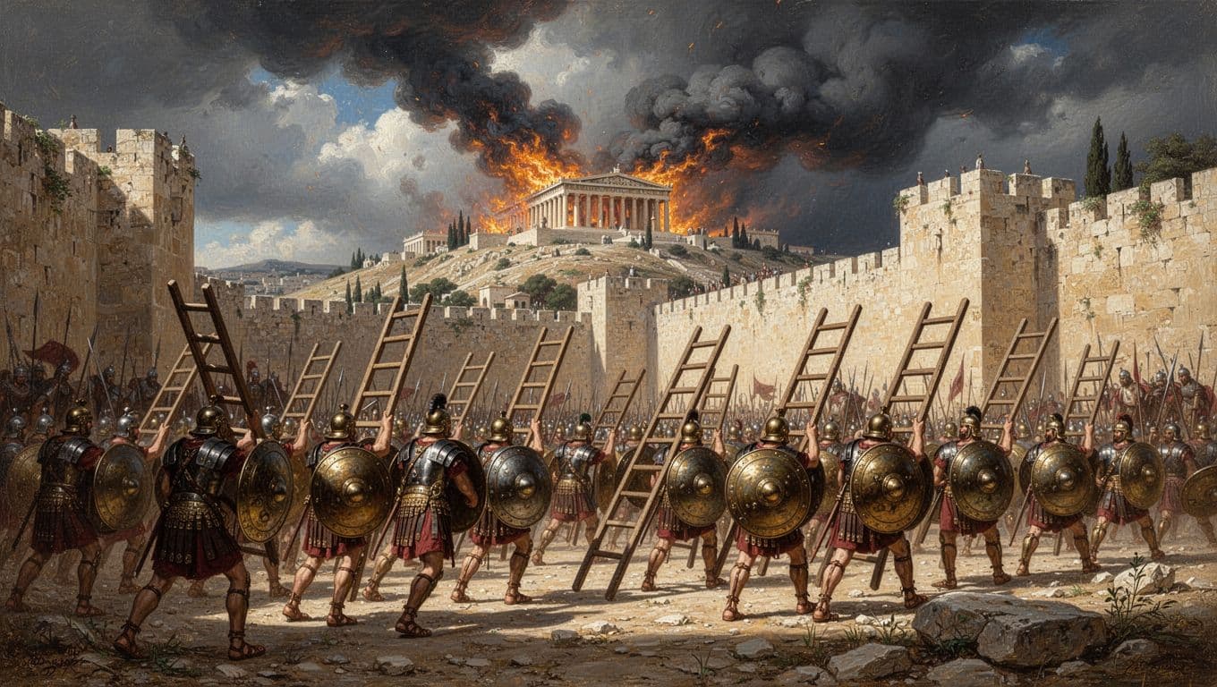 Roman soldiers with shields and ladders approach Jerusalem's walls; temple on hill burns with flames and smoke under stormy sky.