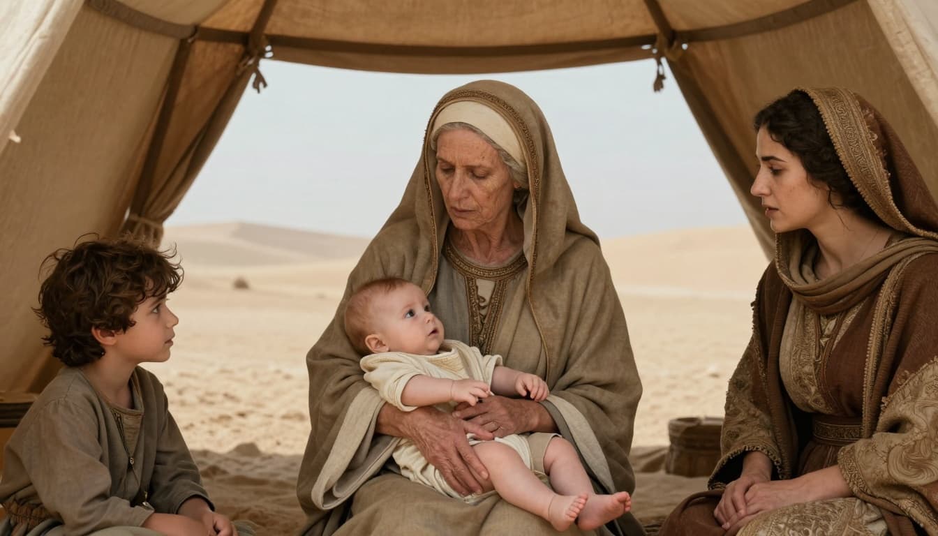 Sarah holding baby Isaac while Hagar stands with Ishmael, tension in an ancient tent.