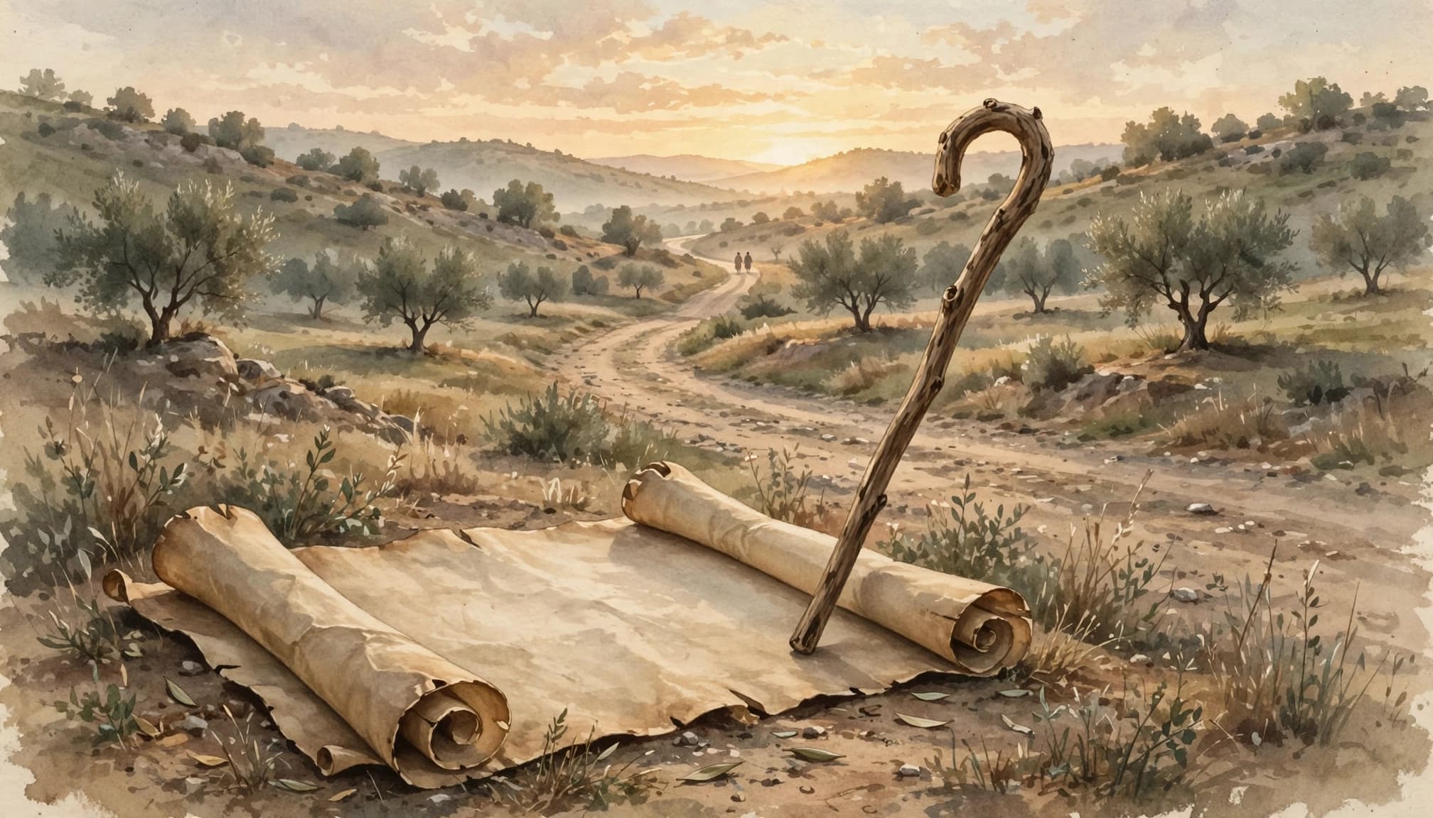 A watercolor illustration of an open ancient scroll and a wooden staff on a road leading to a sunrise.