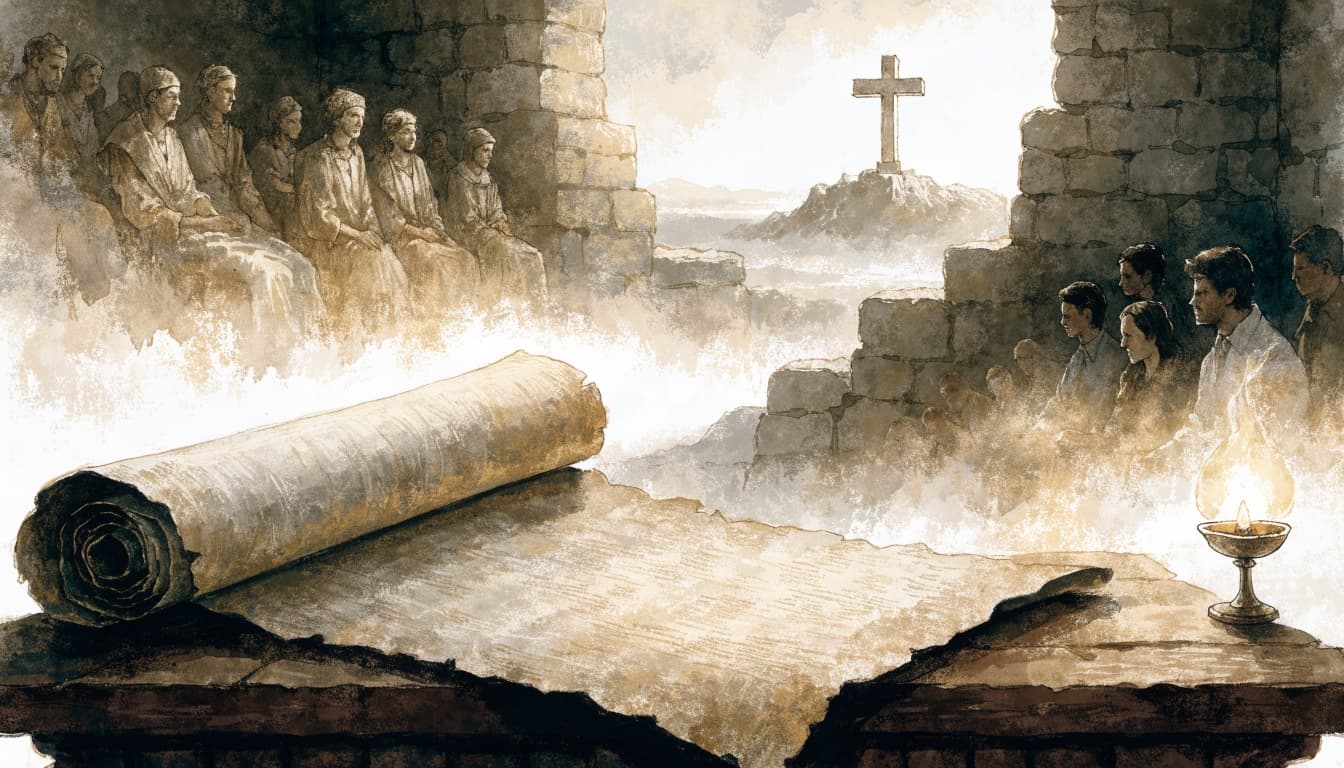 An ancient scroll and a small oil lamp sit before a scene with historical figures, a cross, and a modern gathering.