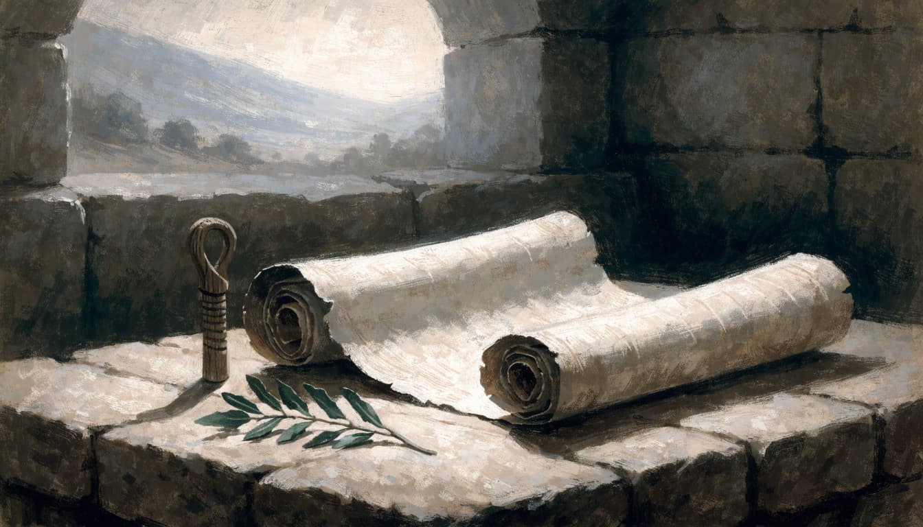 An open ancient scroll, a small wooden staff, and an olive branch on a stone table.
