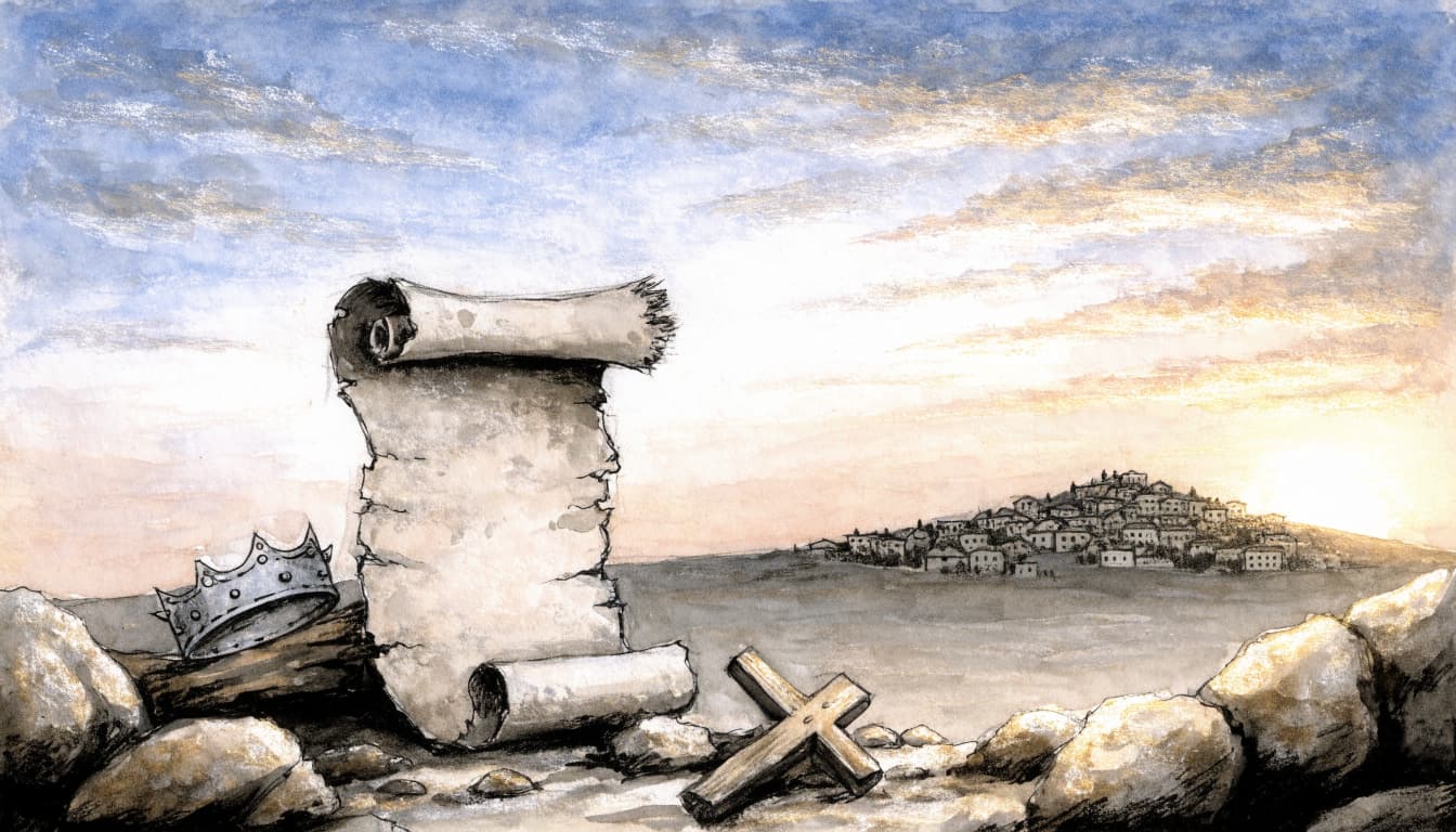A watercolor painting of a scroll, a crown, and a cross with a distant village at dawn.